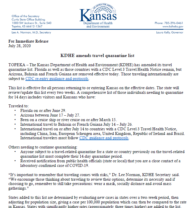 Kansas Department Travel Quarantine List P-D-F